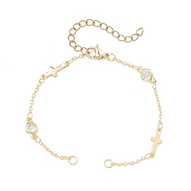 Изготовление браслета с плоским круглым крестом из латуни с прозрачным кубическим цирконием, с 304 удлинителями цепи из нержавеющей стали