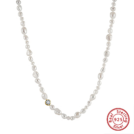 925 Sterling Silver with Natural Pearls Beads Necklaces, Cubic Zirconia Necklaces, Round