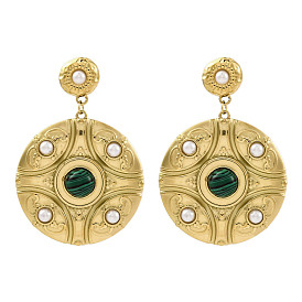 304 серьги-гвоздики из нержавеющей стали для женщин, реальный 18 k позолоченный, с пластиковым жемчугом и малахитом