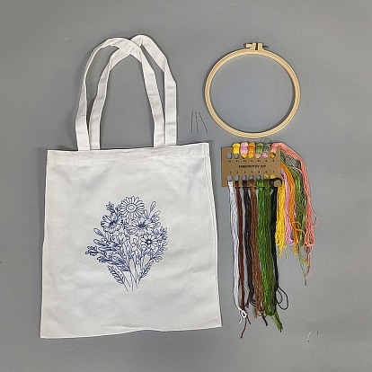 DIY Canvas Bag Embroidery Kits, Including Embroidery Thread & Needles, Plastic Embroidery Hoop