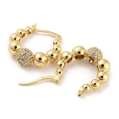 Brass Micro Pave Cubic Zirconia Hoop Earrings, Round Ball