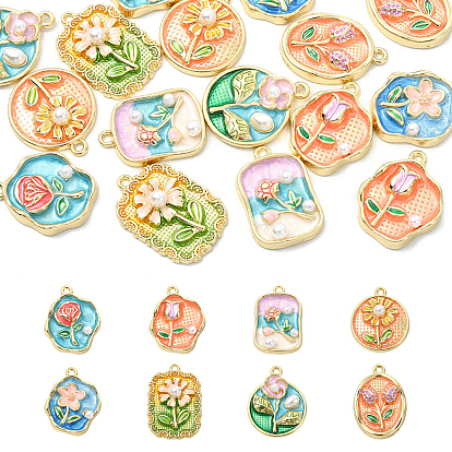 16Pcs 8 Styles Rack Plating Alloy Enamel and ABS Imitation Pearl Pendants, Flower Charms, Cadmium Free & Nickel Free & Lead Free, Golden