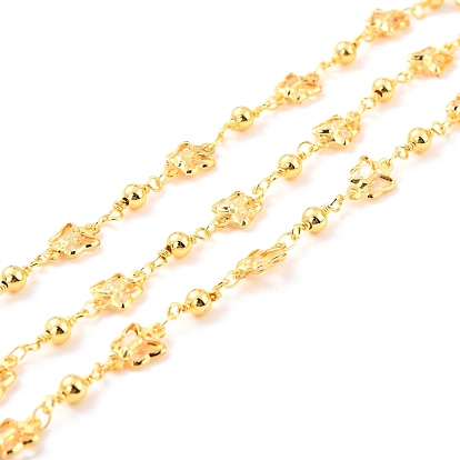 Handmade Brass Link Chains, with Round Beads, Long-Lasting Plated, Soldered, with Spool, Butterfly with Glass, Golden