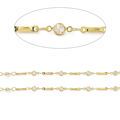 Real 18K Gold Plated Brass Flat Round & Bar Link Chains, with Glass Beaded, Soldered, with Spool