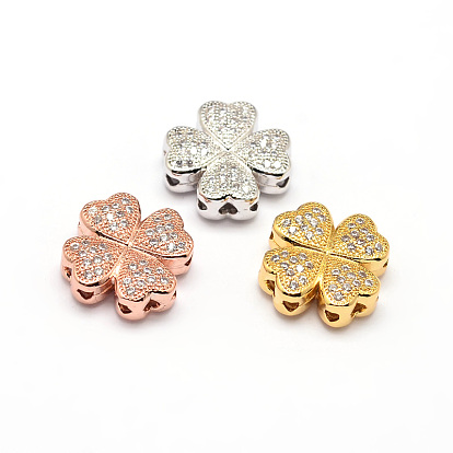 Clover Brass Micro Pave Cubic Zirconia Beads, Cadmium Free & Nickel Free & Lead Free, Clear, 14x14x5mm, Hole: 1mm