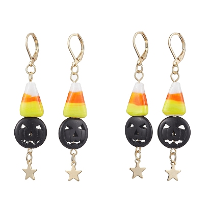 Halloween Candy Corn Handmade Lampwork & Black Pumpkin Synthetic Turquoise Leverback Dangle Earrings, Star 304 Stainless Steel Jewelry for Women
