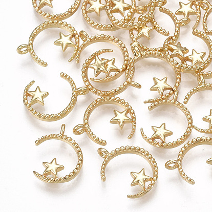 Brass Charms, Moon with Star, Real 18K Gold Plated