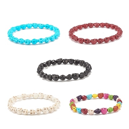 Synthetic Turquoise(Dyed) Skull Beaded Stretch Bracelet, Halloween Gemstone Jewelry for Women