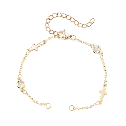 Изготовление браслета с плоским круглым крестом из латуни с прозрачным кубическим цирконием, с 304 удлинителями цепи из нержавеющей стали