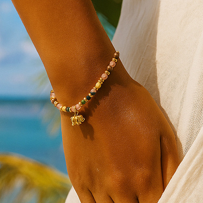 Регулируемые браслеты из натуральных бусин яшмы, африканской бирюзы (яшмы) и клубничного кварца, выполненные в технике плетения., Браслеты с подвесками в виде слонов из латуни для женщин