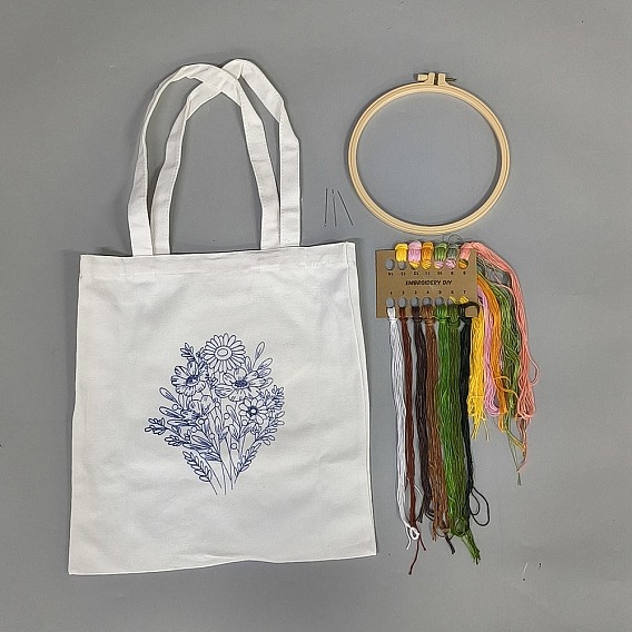 DIY Canvas Bag Embroidery Kits, Including Embroidery Thread & Needles, Plastic Embroidery Hoop