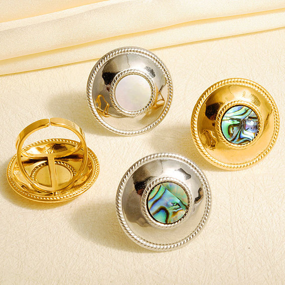 304 Открытые кольца-манжеты из нержавеющей стали с натуральными ракушками для женщин, круглые