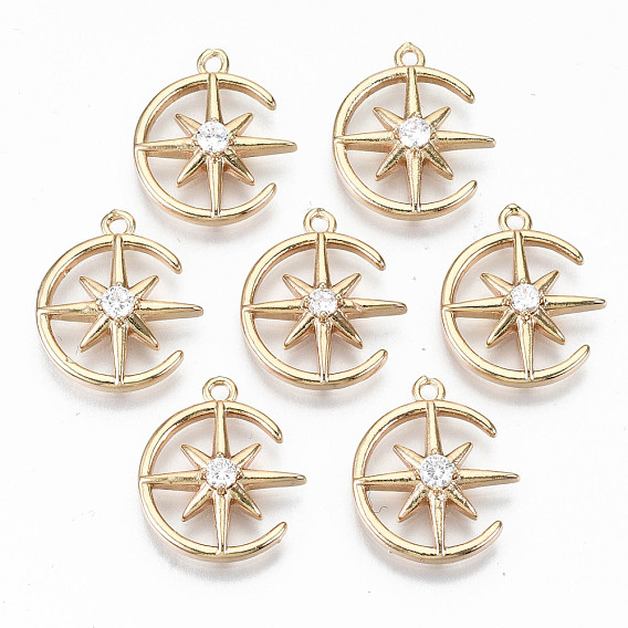 Brass Micro Pave Cubic Zirconia Pendants, Light Gold, Long-Lasting Plated, Cadmium Free & Lead Free, Moon & Star