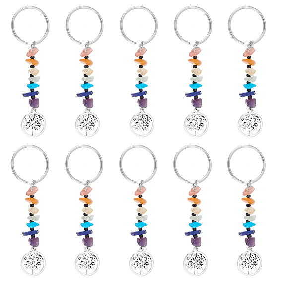 16шт 7 Чакра натуральные и синтетические драгоценные камни брелки, с подвесками из сплава и 304 результатами из нержавеющей стали, плоские круглые с дерева жизни