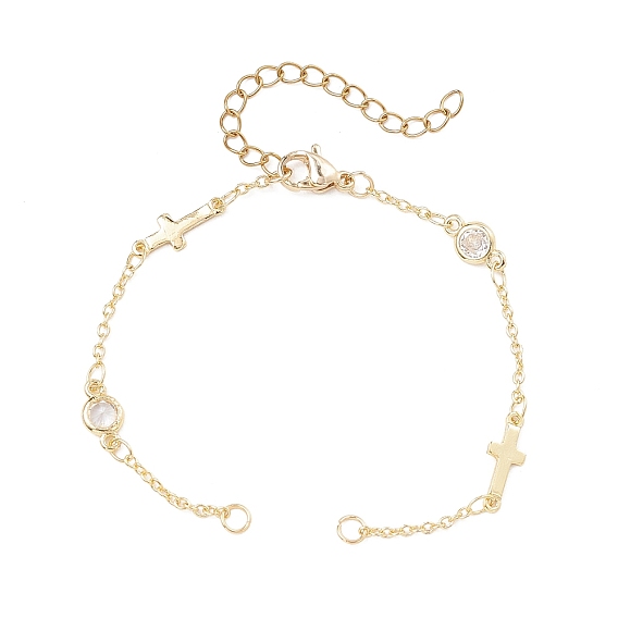 Изготовление браслета с плоским круглым крестом из латуни с прозрачным кубическим цирконием, с 304 удлинителями цепи из нержавеющей стали