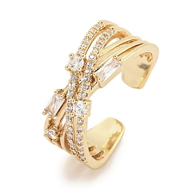Brass Micro Pave Cubic Zirconia Cuff Open Rings, Criss Cross Rings for Women, Long-Lasting Plated