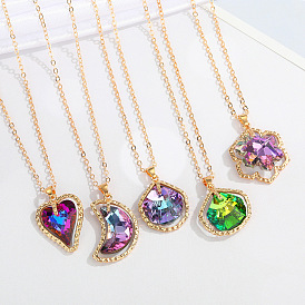 Colorful Crystal Glass Necklace with Simple Heart Moon Pendant for Women