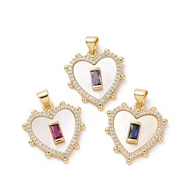 Brass Micro Pave Cubic Zirconia Pendants, with Shell, Heart Charms