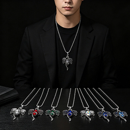 Vintage Alloy Rhinestone Dragon with Teardrop Pendant Necklaces, Antique Silver