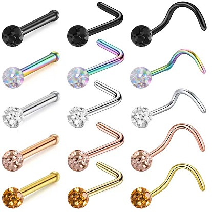 304 Кольца для носа со стразами из нержавеющей стали, круглые, шарообразные