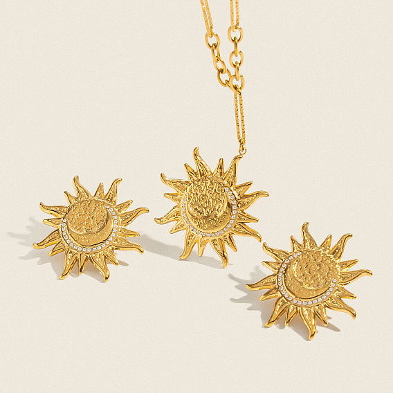 304 Stainless Steel Crystal Rhinestone Sun Moon Pendant Necklaces for Women