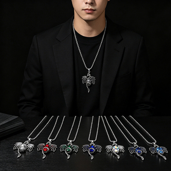 Vintage Alloy Rhinestone Dragon with Teardrop Pendant Necklaces, Antique Silver