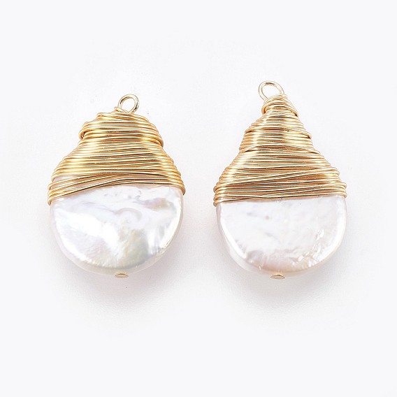 Natural Cultured Freshwater Pearl Pendants, with Brass Findings, Drop, Light Gold