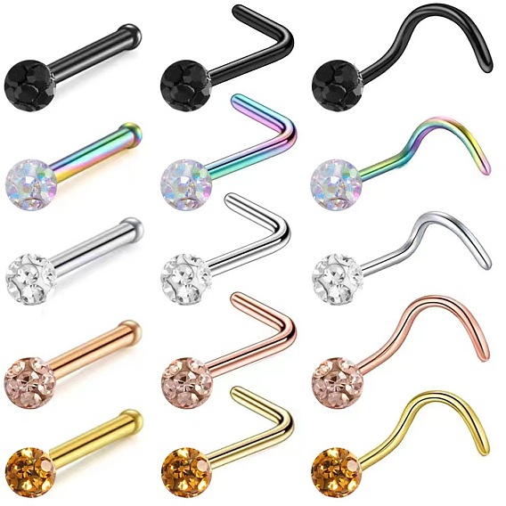 304 Кольца для носа со стразами из нержавеющей стали, круглые, шарообразные