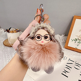 Cute Fox Plush Backpack Keychain for Girls with Long Hair and Car Key Ring