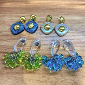 Boucles d'oreilles pendantes en résine et alliage, fleur/losange, or