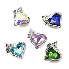 Alloy Glass Pendants, Heart & Butterfly Charm, Faceted, Platinum