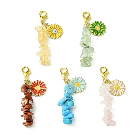 Natural & Synthetic Mixed Stone Chip Bead Pendant Decorations, Sunflower Alloy Enamel and Lobster Claw Clasps Charm