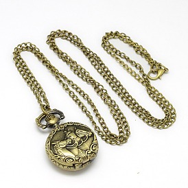 Alloy Flat Round with Horse Pendant Necklace Pocket Watch, with Iron Chains and Lobster Claw Clasps, Quartz Watch, 34.6 inch, Watch Head: 36x27x11mm