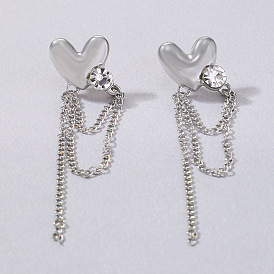 Minimalist Heart Tassel Earrings with Chain, Silver Diamond-studded Ear Studs