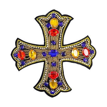 Cross Cloth Patches, Glass Beaded Appliques, Stick On Patch, with Rhinestone, Costume Accessories