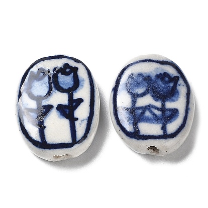 Handmade Porcelain Beads, Blue and White Porcelain, Oval with Flower