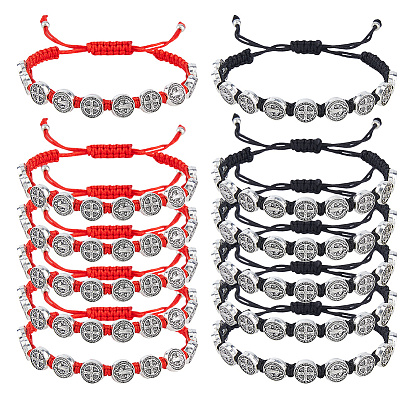 12Pcs 2 Colors Alloy Flat Round with St. Benedict Charm Beaded Bracelets, Adjustable Polyester Thread Bracelets for Women Men, Antique Silver