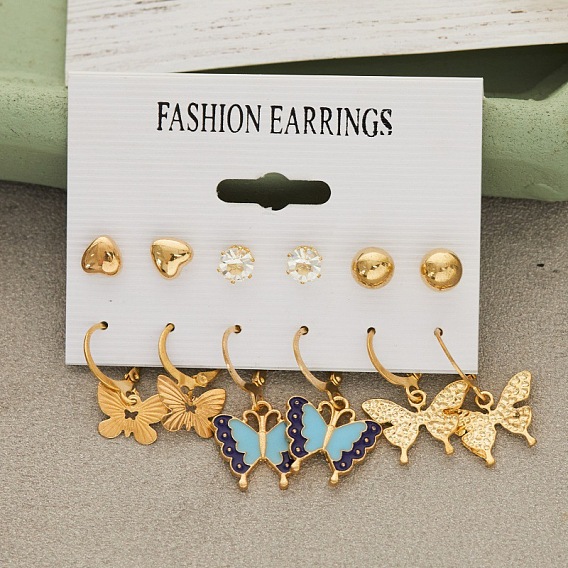 Geometric Earrings Set for Women - Butterfly Design, Multiple Pieces, Paper Card Packaging.