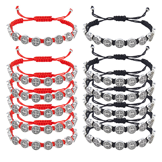 12Pcs 2 Colors Alloy Flat Round with St. Benedict Charm Beaded Bracelets, Adjustable Polyester Thread Bracelets for Women Men, Antique Silver