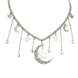 Star & Crescent Moon Alloy Pendant Necklaces, 304 Stainless Steel Cable Chain Necklaces with Lobster Claw Clasp for Women