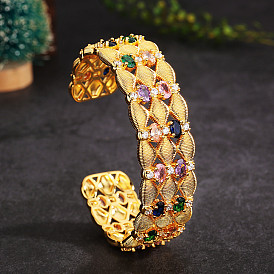 Colorful CZ Stones Bangle Bracelet with 18K Gold Plating for Women's Fashion Accessory