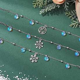 3шт. браслеты из сплава с подвесками в виде рождественских снежинок, 304 женские браслеты-сателлиты из нержавеющей стали, с пластиком ccb и латунью