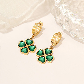 Green Cubic Zirconia Clover Dangle Hoop Earrings, 304 Stainless Steel Drop Earrings
