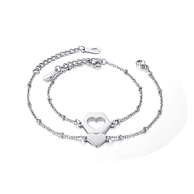 2Pcs Stainless Steel Hollow Hexagon & Heart-shaped Link Bracelet Set, Satellite Chains Stackable Bracelets Perfect for Daily Wear and Special Occasions