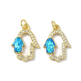 Brass Micro Pave Cubic Zirconia Pendants, with Synthetic Opal and Jump Ring,  Hamsa Hand