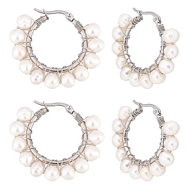 4 Pairs Natural Pearl Braided Hoop Earrings, 304 Stainless Steel Wire Wrap Jewelry for Women