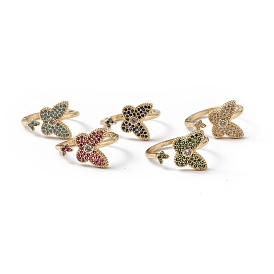 Rack Plating Brass Micro Pave Cubic Zirconia Rings, Long-Lasting Plated, Cadmium Free & Lead Free, Real 18K Gold Plated, Butterfly Cuff Ring for Women