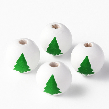 Painted Natural Wood Beads, Round with Christmas Tree