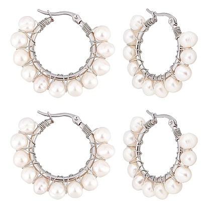 4 Pairs Natural Pearl Braided Hoop Earrings, 304 Stainless Steel Wire Wrap Jewelry for Women