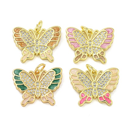 Brass Micro Pave Clear Cubic Zirconia Pendants, Cadmium Free & Nickel Free & Lead Free, with Enamel Golden, Beutterfly